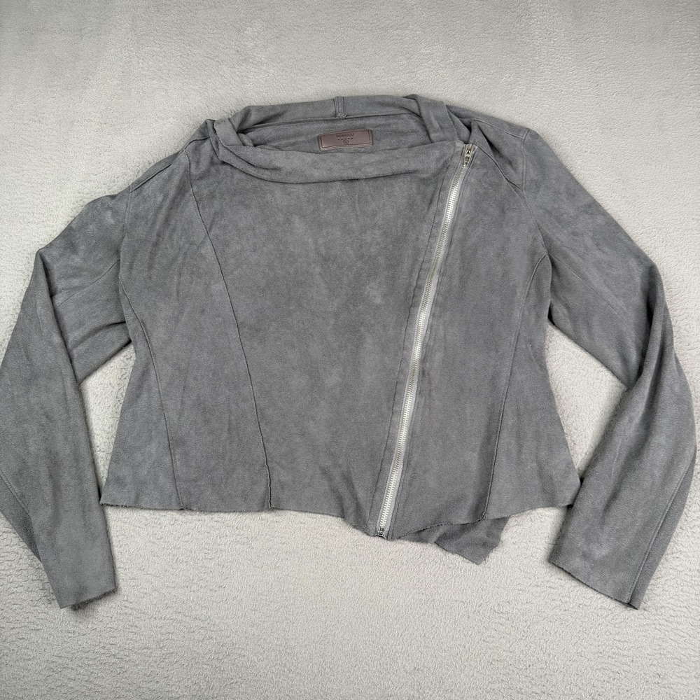 BLANK NYC Jacket Womens Large Gray Faux Suede Moto Asymmetrical Zip Drape Collar